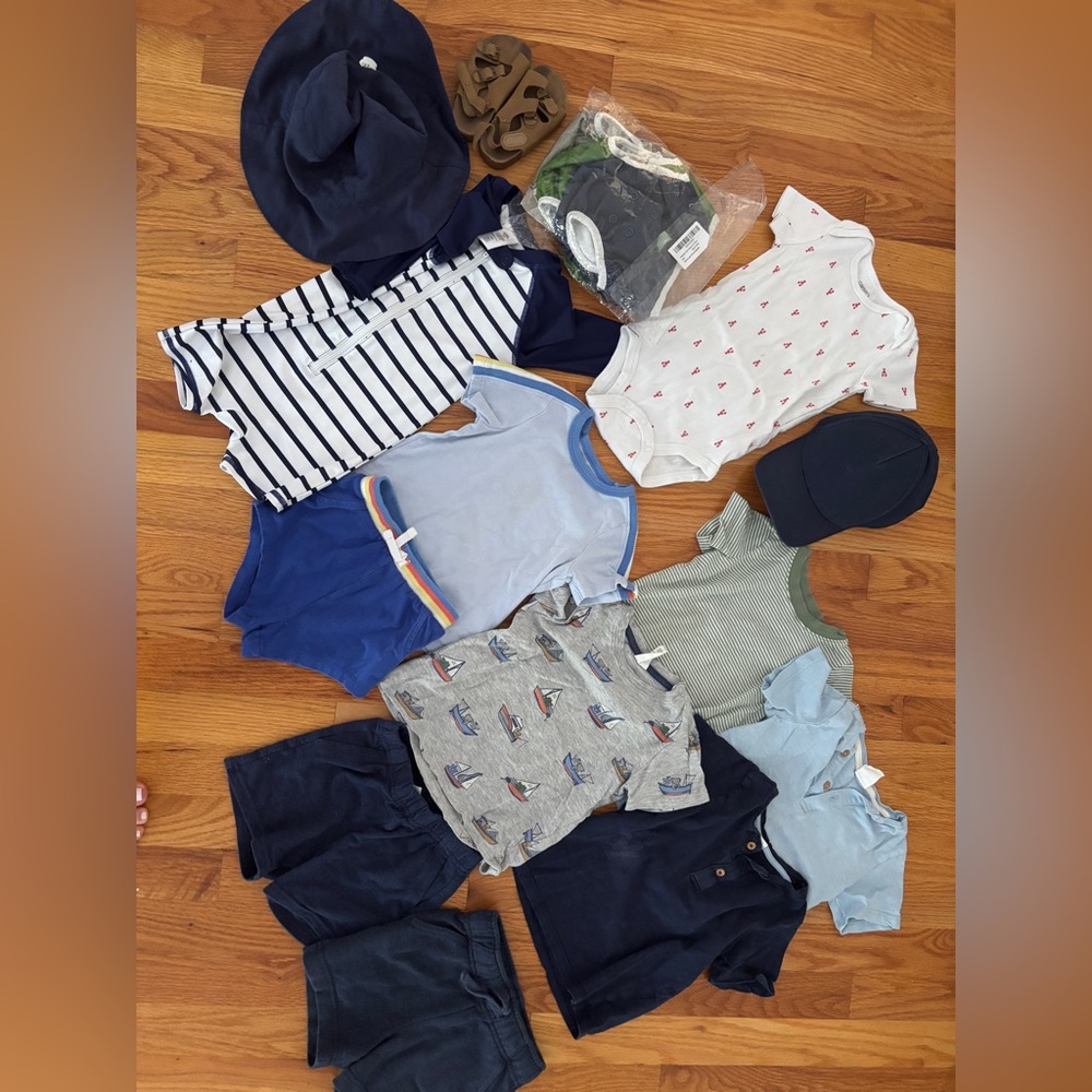 Summer Starter pack for 12-18M month baby boy - swimsuit, hats, sandals, shorts